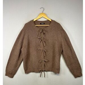 Coquette Balletcore BTFBM Women‎ XXL Brown Ribbed Knit Tie Front Bow Cardigan
